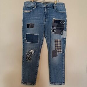 Lauren Ralph Lauren Womens Patchwork Straight Leg Jean Blue Plaid Floral Size 14